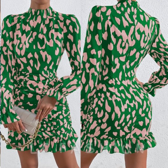 LC FASHION Dresses & Skirts - Bodycon Dress, Boho Mock Neck Flounce Sleeve Ruched Ruffle Hem Dress